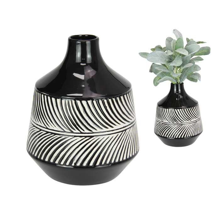 Casa Living  20cm Black Vase with White Fern Pattern