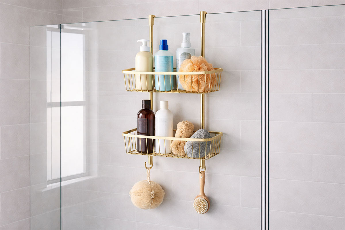 Keep Your Bathroom Organized with a Glass Shower Door Shower Caddy