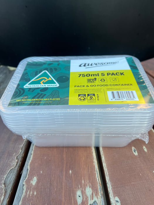 5-Pack 750ml Reusable Take Away Containers – BPA Free, Microwave & Freezer Safe – Made in Australia