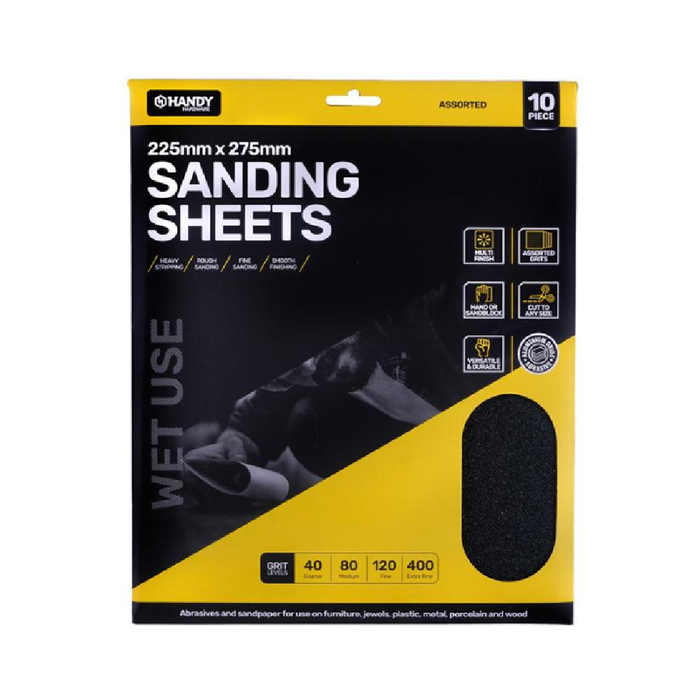 Sandpaper Assorted Pack (For Wet Use Only) 225mm × 275mm 10pk (Includes Extra Fine, Fine, Medium and Course Paper)