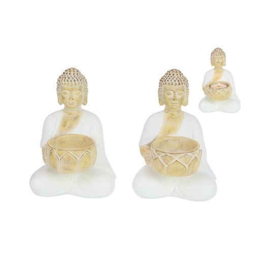 14cm White & Natural Rulai Buddha Holding Tealight - Tealight, candle, and burner holders by Casaliving&nbsp;