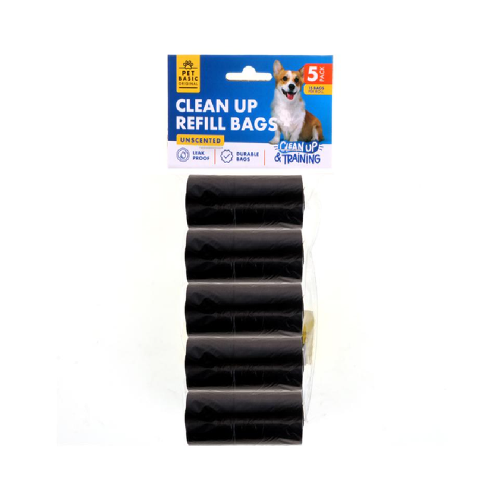 Dog Clean Up Refill Black Bags 5 Rolls × 15pcs Bag Size 30cm × 14cm