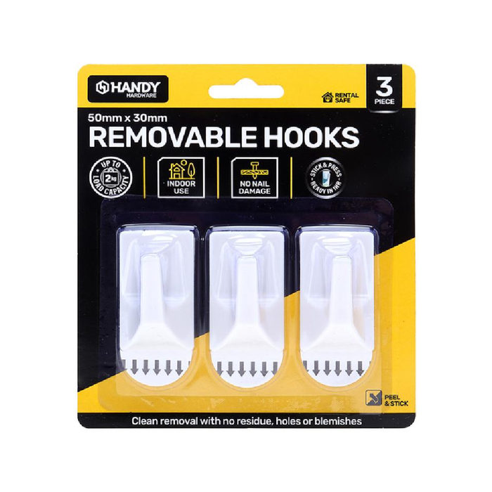 Removable Hooks Rectangle Plastic 50mm × 30mm 3pk (Holding Weight 2kg)