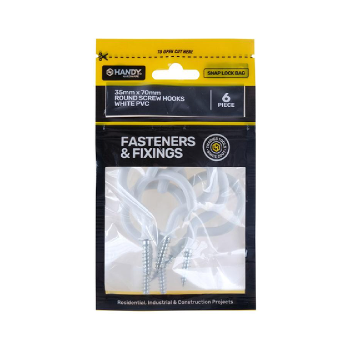Bag Of Round Screw Hooks White PVC 35mm × 70mm 6pc
