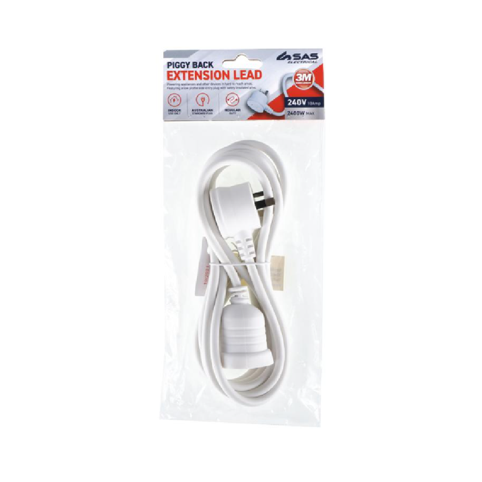 Piggy Back Extension Lead 3 Metre White 240V 10A Max Load 2400W