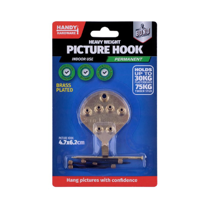 Hook Picture Brass Plated 1pc Includes 7 Nails (Holds up to 30kg in Plasterboard & 75kg in Timber Stud)