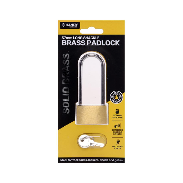 Padlock Solid Brass Long Shackle 37mm Includes 3 Keys 1pk