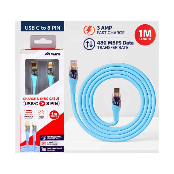 Charge & Sync USB C to 8 Pin PVC Cable - Suitable for iPhone Devices - Blue and Purple - 1 metre