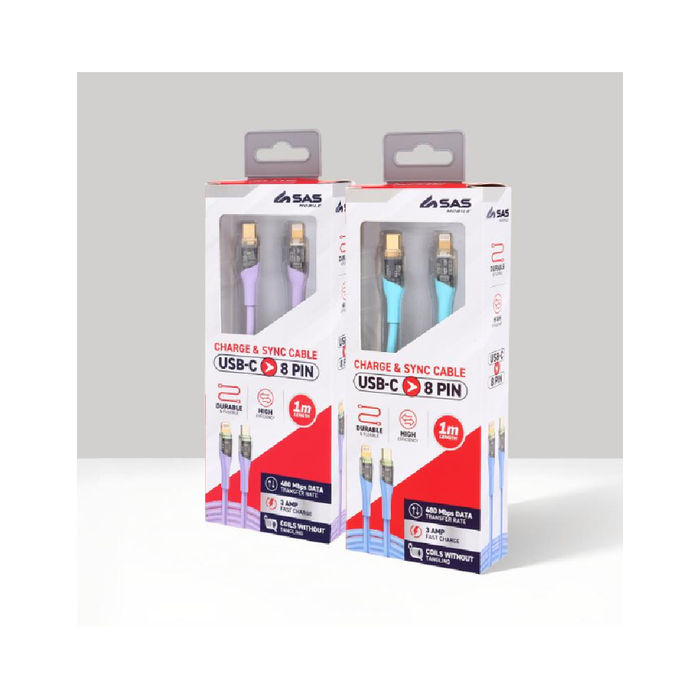 Charge & Sync USB C to 8 Pin PVC Cable - Suitable for iPhone Devices - Blue and Purple - 1 metre