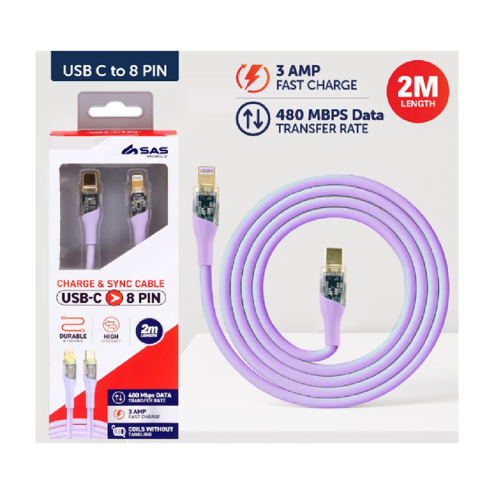 Charge & Sync USB C to 8 Pin PVC Cable - Suitable for iPhone Devices - Blue and Purple - 2 metre