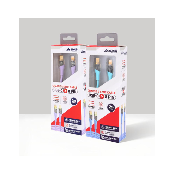 Charge & Sync USB C to 8 Pin PVC Cable - Suitable for iPhone Devices - Blue and Purple - 2 metre