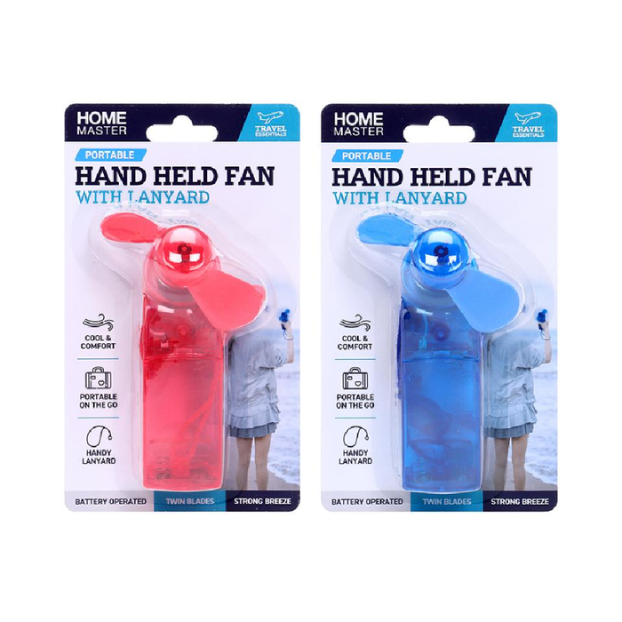 Fan Handheld With Lanyard  Battery Operated11.5cm × 6cm 2 Assorted Colours Requires: 2 × AA Batteries (Not Included)