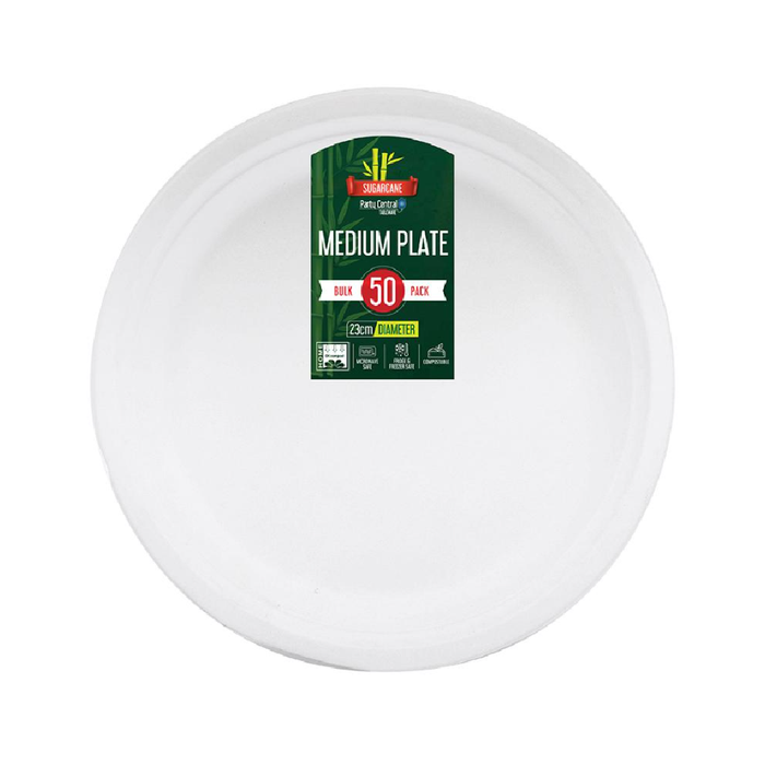 Sugarcane Bagasse Round Dinner Plates - Ø23cm - 50pk BULK (WHITE)