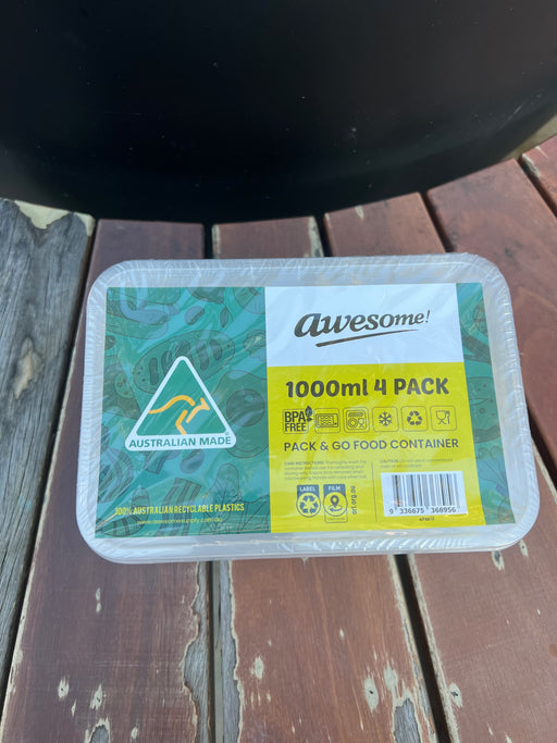 Packaging of Awesome brand containers on a wooden surface