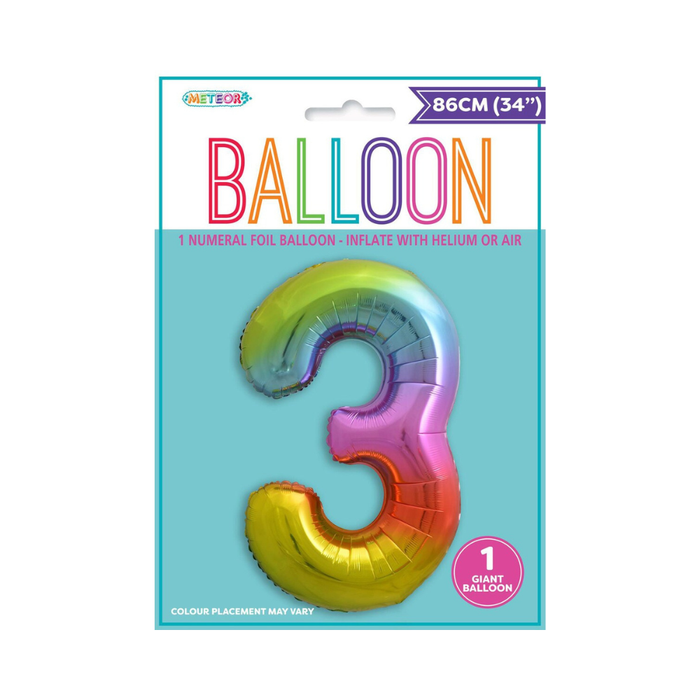 Rainbow "3" Numeral Foil Balloon 86cm (34")