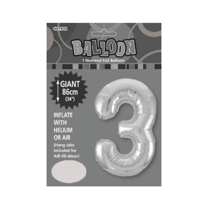 Silver "3" Numeral Foil Balloon 86cm (34")