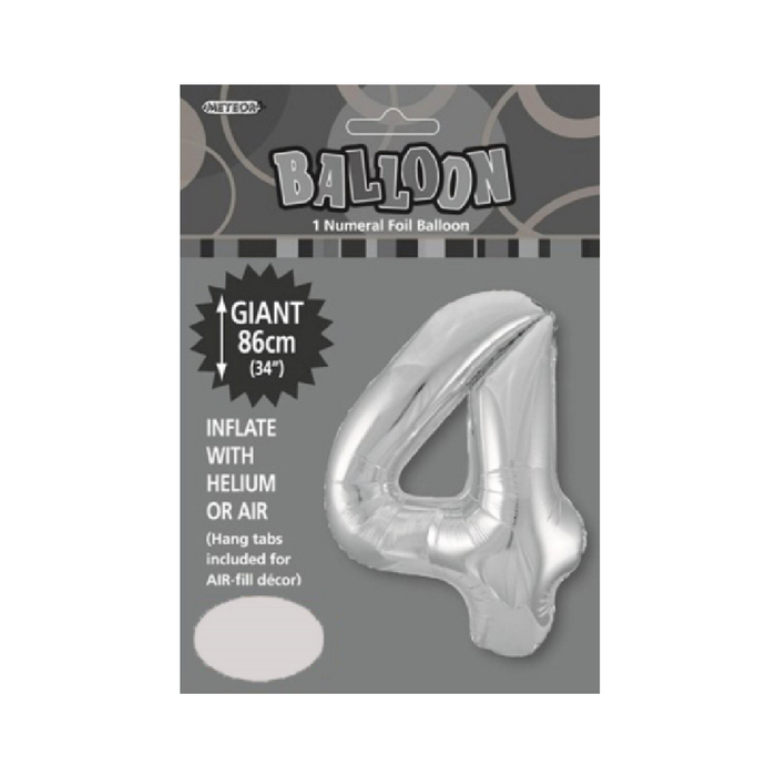 Silver "4" Numeral Foil Balloon 86cm (34")