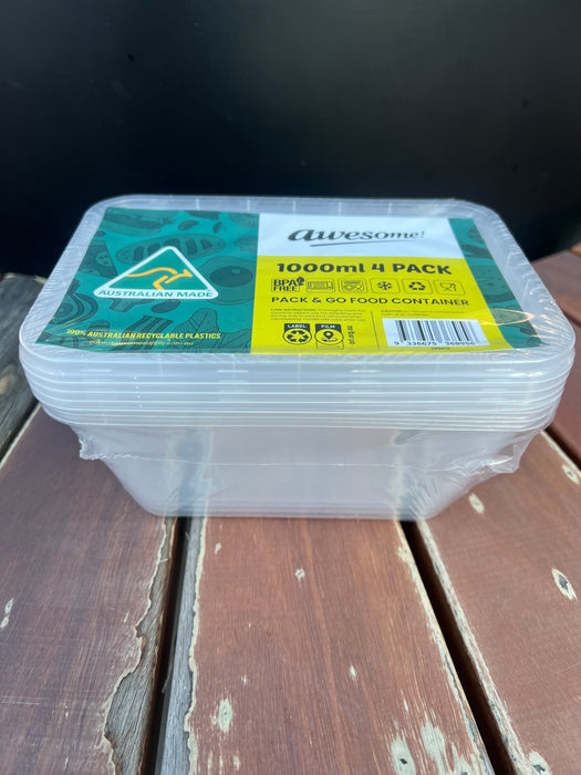 4-Pack 1000ml Reusable Take Away Containers – BPA Free, Microwave & Freezer Safe – Made in Australia