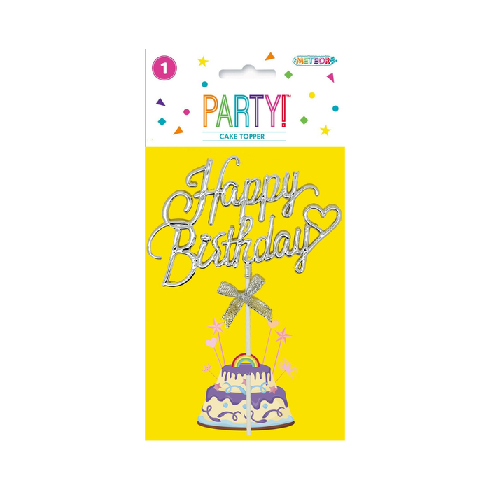 Silver Happy Birthday Cake Topper with Bow