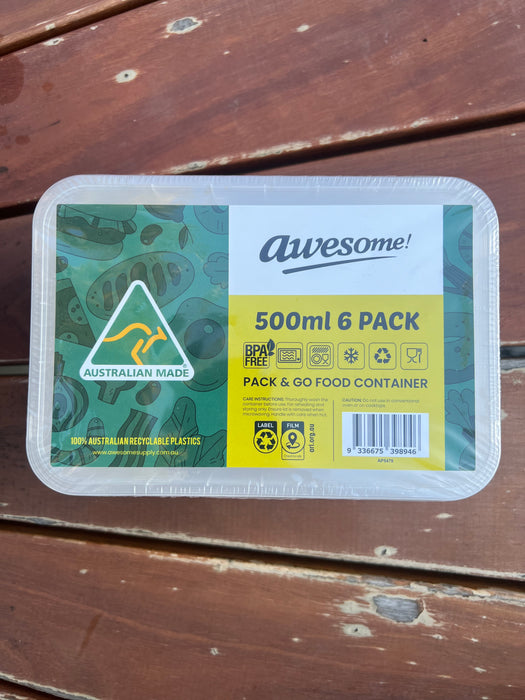 Packaging of Awesome! brand food container on a wooden surface
