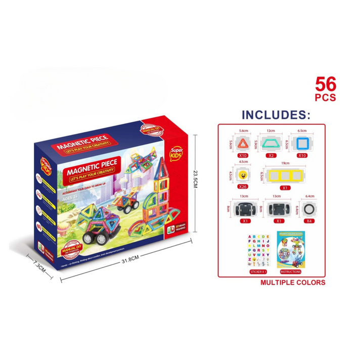 56-Piece Magnetic Building Blocks Set – 3D Educational Construction Toy with Wheel Bases & Stickers