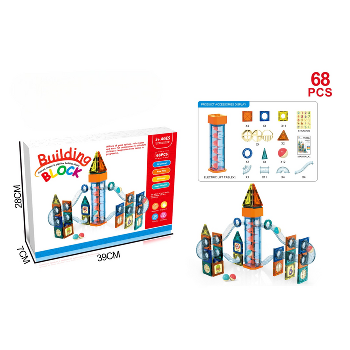 68-Piece Magnetic Pipeline Marble Run Set – 3D Building Blocks Toy with Motorized Elevator & Glowing Balls