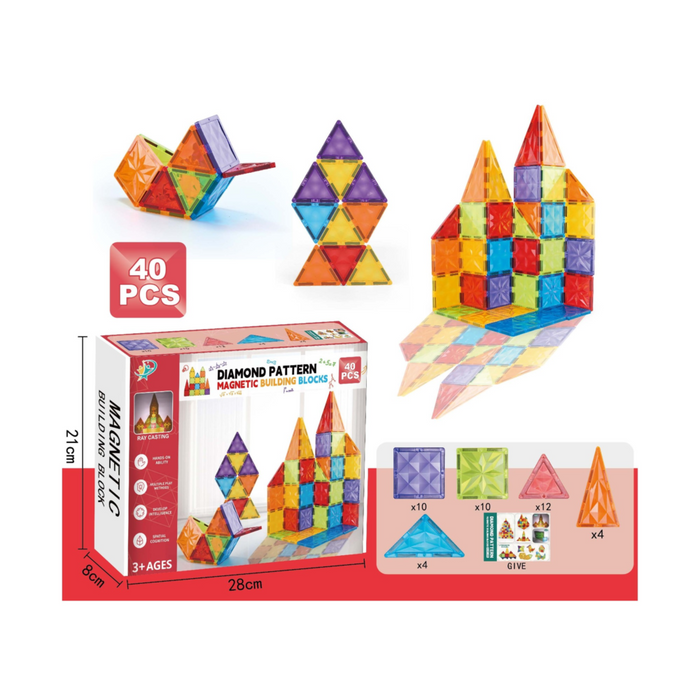 40-Piece Diamond Pattern Magnetic Building Blocks Set – Translucent 3D Tiles STEM Educational Construction Toy