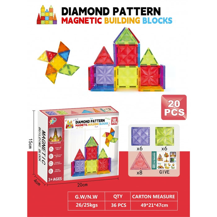 20-Piece Diamond Pattern Magnetic Building Blocks Set – 3D Translucent Tiles STEM Educational Construction Toy