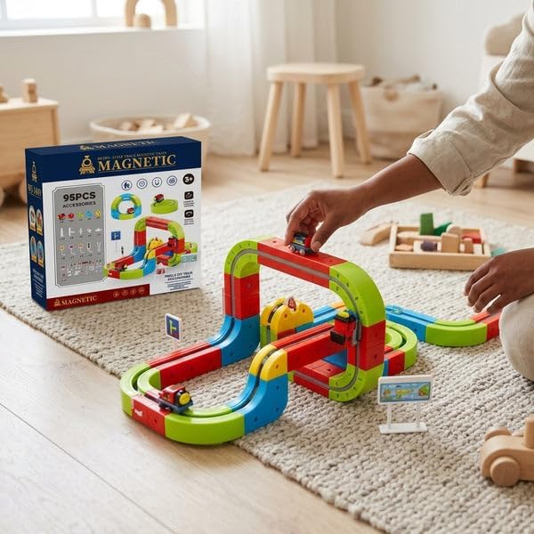 95-Piece Magnetic Modular Track Car Set – DIY Wall-Suction STEM Building Toy with USB Motorized Train
