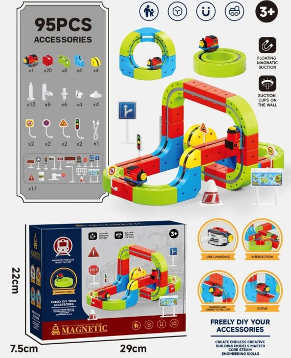 95-Piece Magnetic Modular Track Car Set – DIY Wall-Suction STEM Building Toy with USB Motorized Train