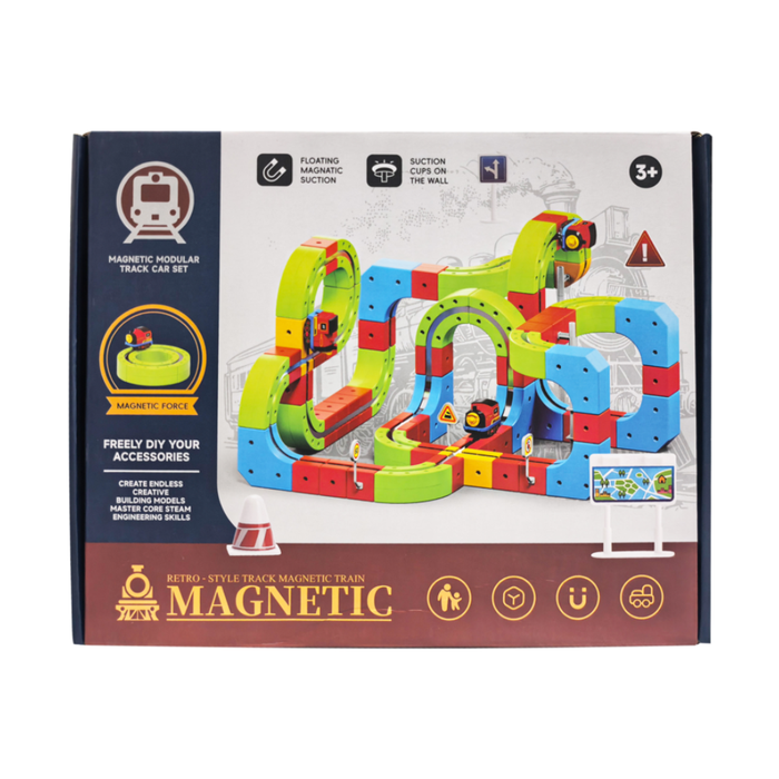 146-Piece Magnetic Modular Track Car Set – Deluxe Wall-Suction 3D STEM Building Toy with Motorized Retro Train