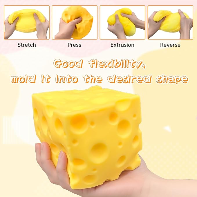 Giant Swiss Cheese Block Squishy Toy – 3.93-Inch Jumbo Slow-Rising Fidget Toy – Novelty Cheese Cube Stress Reliever, Cute Food Squishies for Kids & Adults, Gag Gift