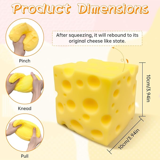 Giant Swiss Cheese Block Squishy Toy – 3.93-Inch Jumbo Slow-Rising Fidget Toy – Novelty Cheese Cube Stress Reliever, Cute Food Squishies for Kids & Adults, Gag Gift