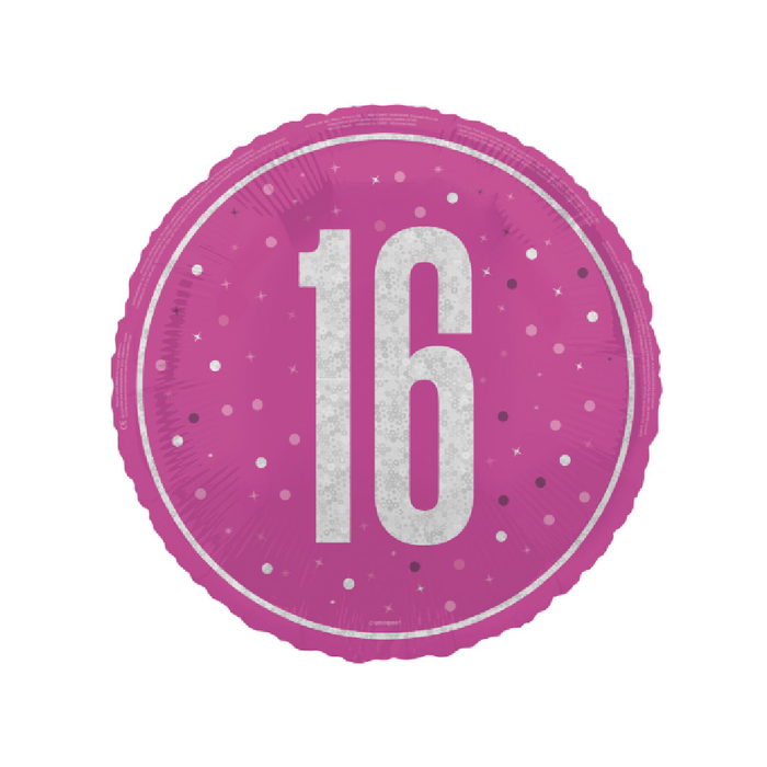 Pink "16" 45cm (18") Foil Prismatic Balloon Packaged