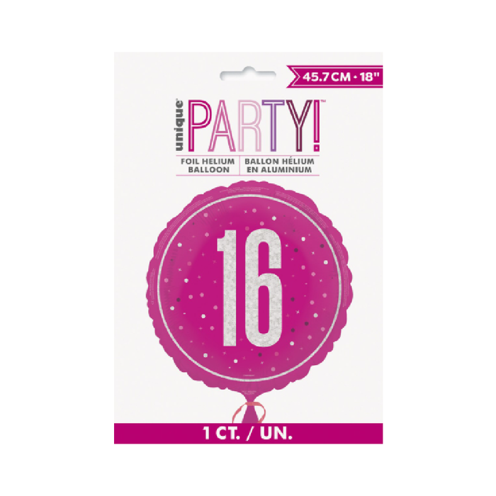 Pink "16" 45cm (18") Foil Prismatic Balloon Packaged