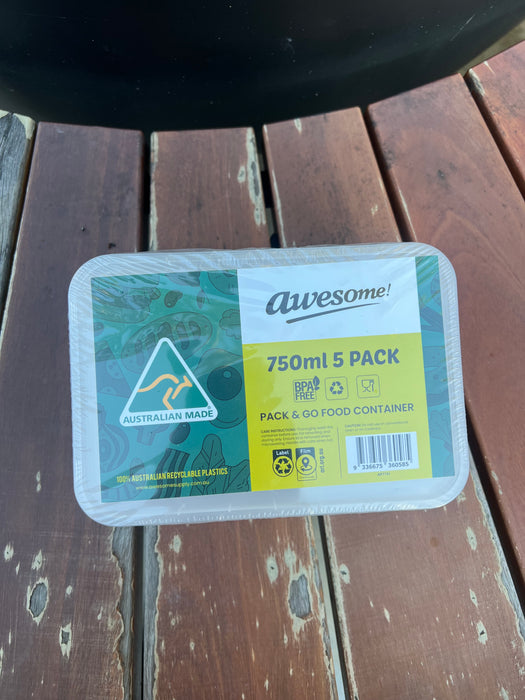 5-Pack 750ml Reusable Take Away Containers – BPA Free, Microwave & Freezer Safe – Made in Australia