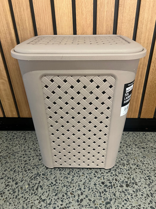 50L Laundry Hamper Basket with Swing Lid – Modern Woven Aerated Plastic Clothes Basket, Strong & Durable Laundry Storage (55cm Tall)