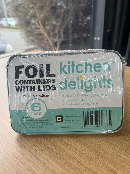 6 pack foil trays with lids 22 x 15 x 4.5cm for meal prep and catering