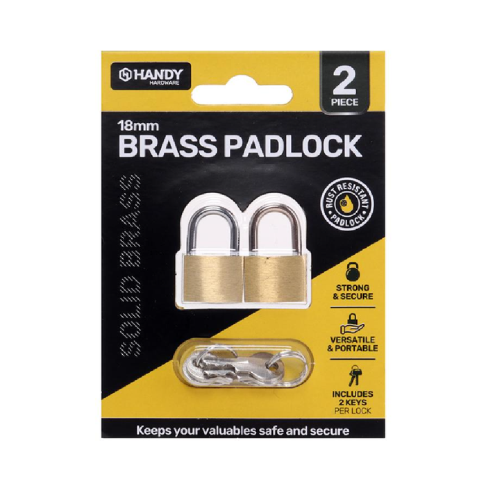 Padlock Solid Brass 18mm Includes 2 Keys Per Lock 2pk