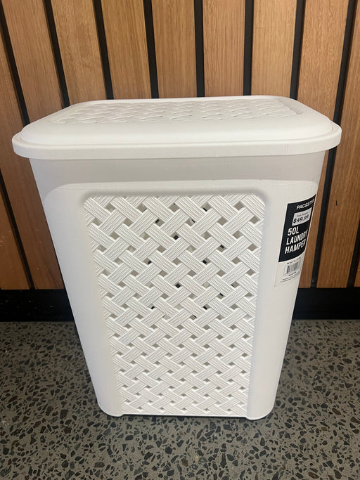 Modern laundry storage basket 55cm tall with swing lid closed