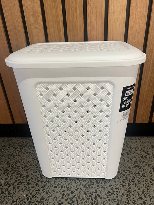 Modern laundry storage basket 55cm tall with swing lid closed