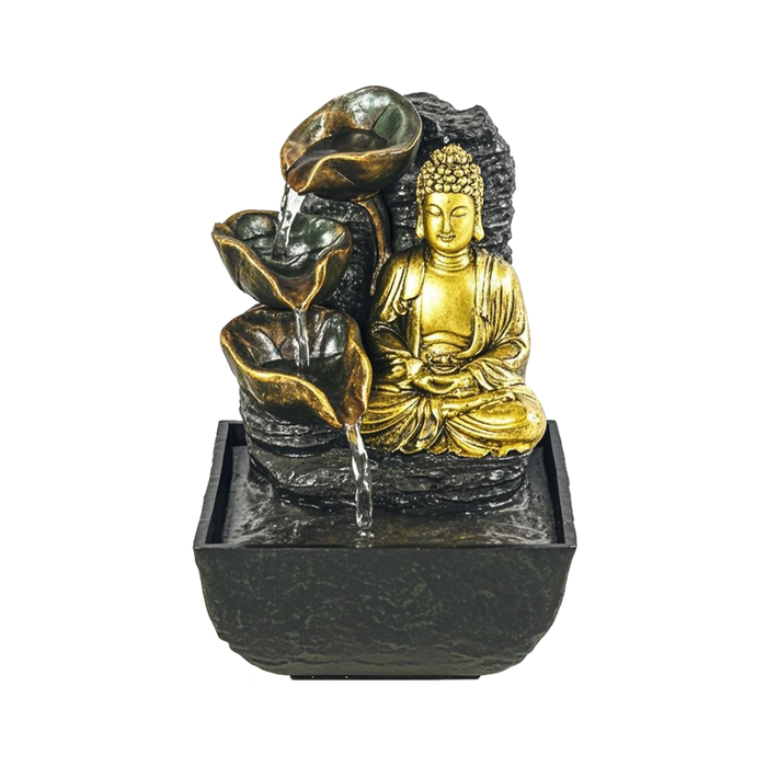 Decorative water fountain with a gold Buddha statue on a white background