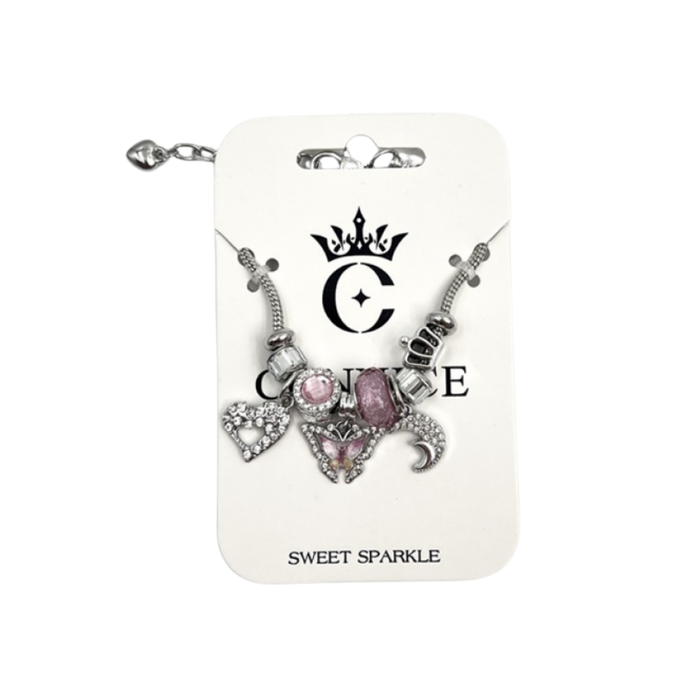 Pink Butterfly Heart Moon Charm – Snake Chain Bracelet (1 Each)