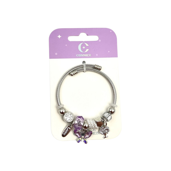 Kids Twisted Wire Bangle – Purple Butterfly Pearl Tree Charm (1 Each)