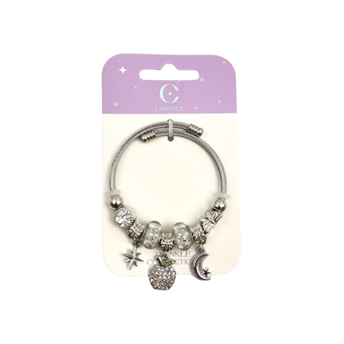 Kids Twisted Wire Bangle – Silver Apple Moon Star Charm (1 Each)