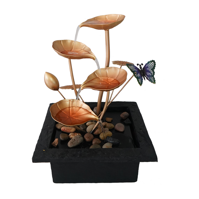 A modern Zen-inspired water feature with a minimalist design, consisting of a series of copper-colored leaves cascading into a central pool, with a butterfly perched on a rock in the foreground.