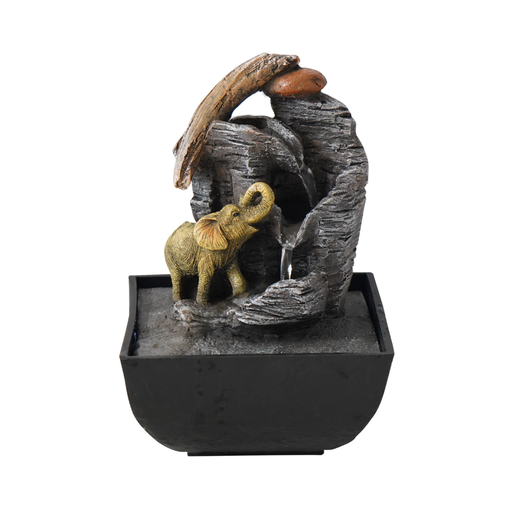 Decorative elephant fountain with rocky design on a white background