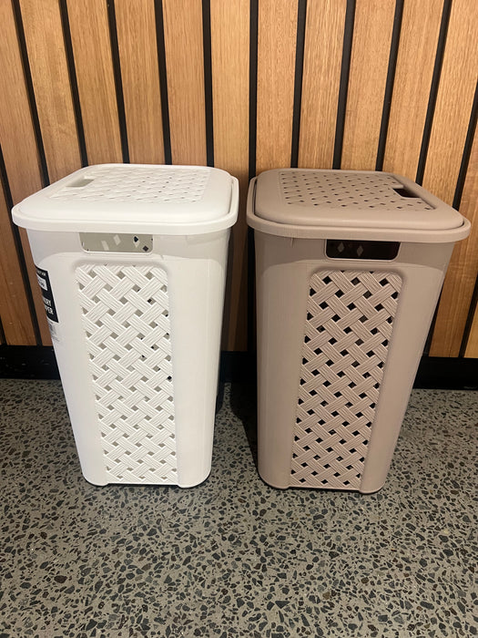 Strong plastic laundry basket with swing lid for bathroom or laundry room