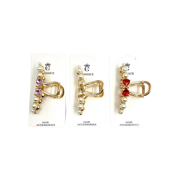 Gold Alloy Hair Claw Clip (11cm) – Pearl & Color Rhinestone (1 Each)