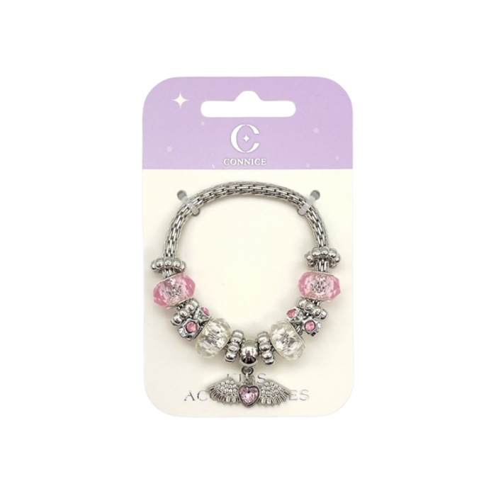 Kids Metal Bracelet – Winged Heart Charm & Pink Clear Rhinestone